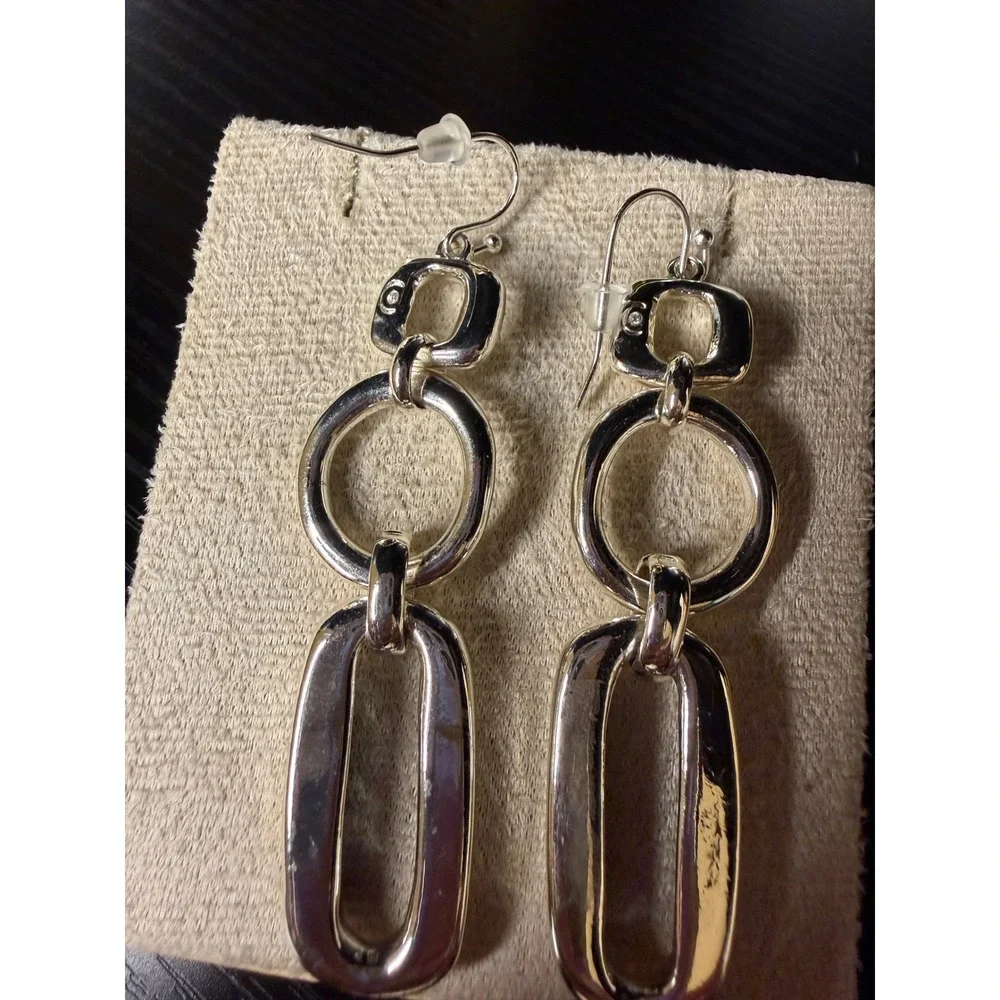 Chicos Silver Tone Navy Blue Enamel Geometric Link Drop Earrings French Wire